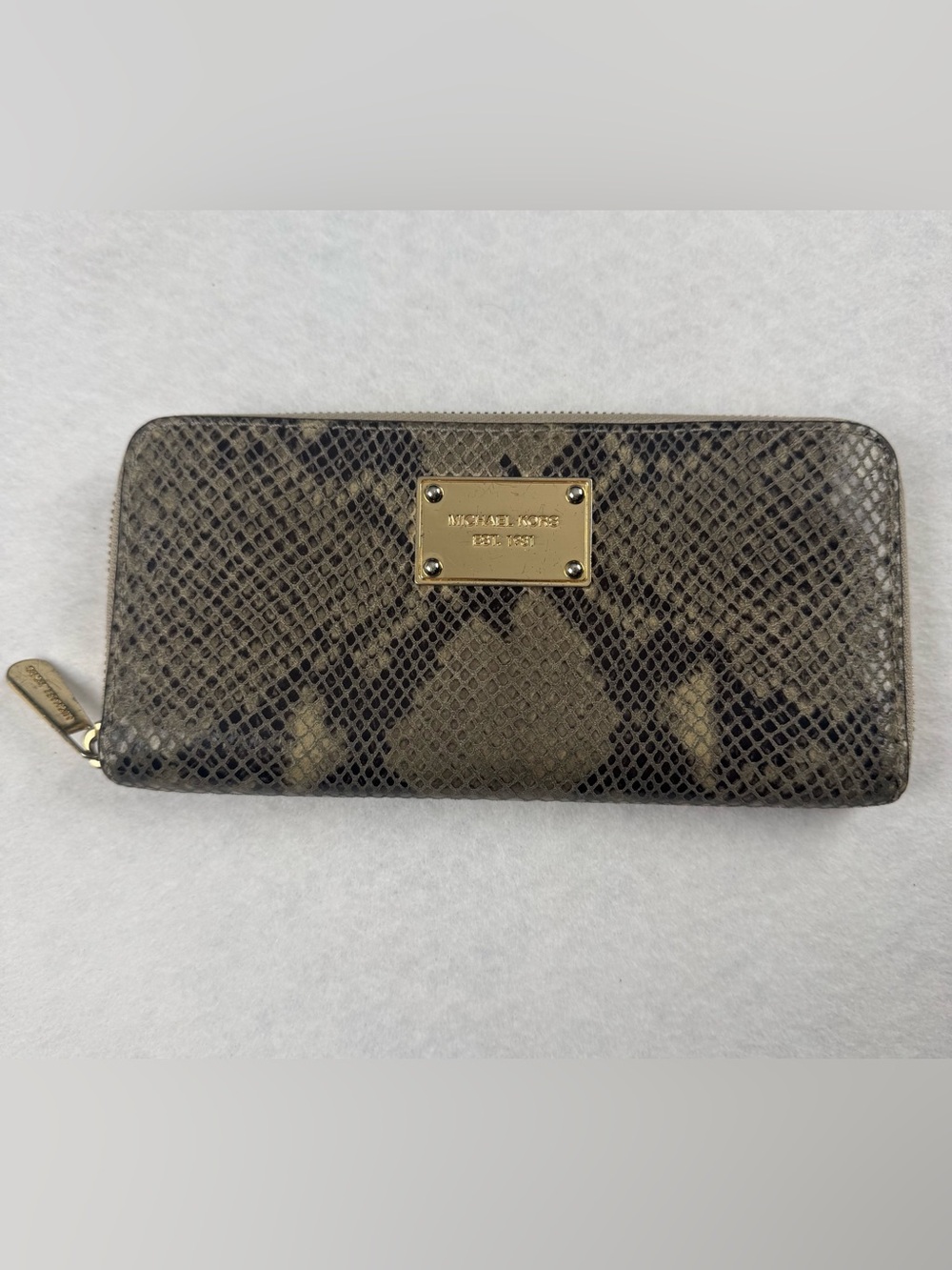 Michael Kors Snakeskin Print Zip Around Wallet Beige Brown Python Pattern
